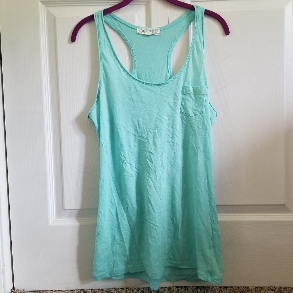 Forever 21 Women's Tank Top Large Mint Green/Light Blue Racerback Pocket